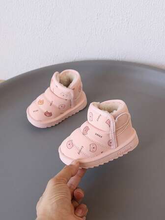 1 Pair Children's Low-Top Shoes With Bear-Like Pattern, Leather & Fleece Material For Warmth, Hook And Loop Closure, Flat Style, Cute Design, Suitable For Autumn/Winter Everyday Wear, Indoor & Outdoor