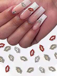 30 Piece Box - Romantic Valentine's Day Holiday 3D Multicolor AB Gold Silver Base Rhinestone Lip Alloy Jewelry DIY Girls And Women Nail Decoration