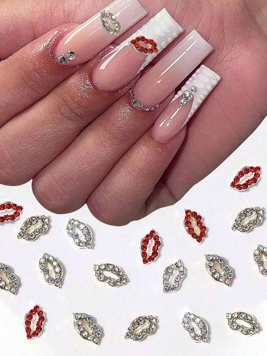 30 Piece Box - Romantic Valentine's Day Holiday 3D Multicolor AB Gold Silver Base Rhinestone Lip Alloy Jewelry DIY Girls And Women Nail Decoration