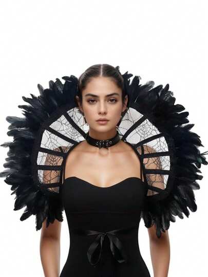 Victorian Collar Women's Stand Collar Cape, Gothic Vampire Lace Lapel Dark Color Tie Cloak With Feather, Fan-Shaped Mesh Cape With Spider Web Pattern, Black Theme Cosplay Props And Accessories Halloween