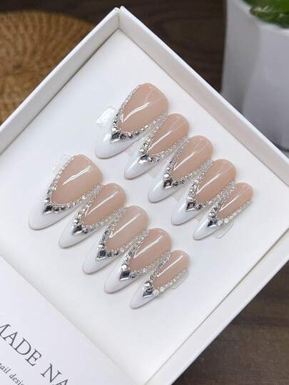 10 Pieces Of Pure Handmade Wearable Nails; White French Style With Diamond Inlays, Press On Nails