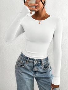 PRETTYGARDEN Women Spring And Fall Long Sleeve Shirts Clothes Cute Going Out Tops Ribbed Tight Fitted Plain Basic Tee Tshirts Vacation Outfits For Women - 白色 - 查看 1