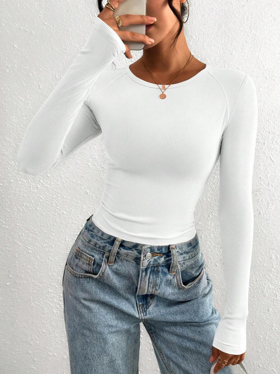 PRETTYGARDEN Women Spring And Fall Long Sleeve Shirts Clothes Cute Going Out Tops Ribbed Tight Fitted Plain Basic Tee Tshirts Vacation Outfits For Women - 白色 - 查看 1