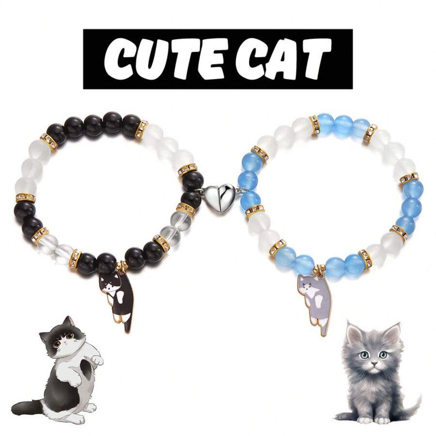 New Creative Two-Pack Heart Magnetic Clasp Lazy Cat Pendant Beaded Bracelet Fashion Couple Bracelet - #4黃黑 - 查看 1