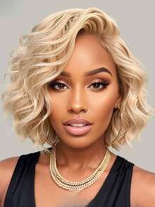 613 Curly Bob Wig Human Hair With Baby Hair 180 Density Glueless Wigs Human Hair Pre Plucked For Women 13x4 HD Transparent Deep Wave Lace Front Wigs Human Hair Soft And Smooth Ready To Wear 14inch - 金色 - 查看 6