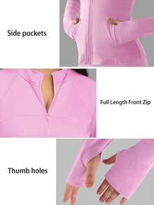 大码女式运动夹克，纯色修身款，带拇指孔袖口、侧袋，透气弹力长袖瑜伽跑步健身夹克，春季款 - 熱帶粉紅色 - 查看 3