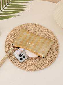 Cartera de embrague con patrón ondulado mini, monedero con cremallera de gran capacidad y minimalista - Dorado - Ver 7
