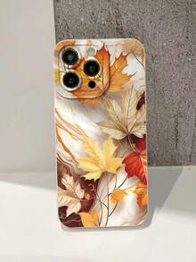 1pc Perforated Straight Edge White Shell Maple Leaf Marble Painted Thick Anti-Drop Painted Phone Case Compatible With IPhone 16/11/16pro/16plus/16promax/16e/15Promax/13/14/12/XS/XR/7G/8P, Compatible With Samsung Galaxy, Compatible With Xiaomi Redmi Anti-Drop Phone Protective Case