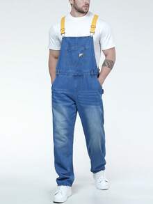 Plus Size Men's Non-Stretch Shoulder Strap Contrast Color Washed Cat Whisker Bib Overalls Jeans