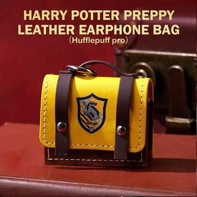 Miniso Harry Potter Themed Hufflepuff Pro Leather Earphone Storage Bag, Stylish College Style, Portable And Practical, Earphone Storage (1 PC)