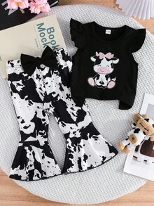 Conjunto de top de manga corta con estampado de vaca y pantalones acampanados para bebés e infantes niñas, ropa cómoda para exteriores - Multicolor - Ver 1