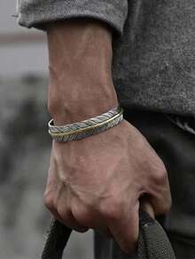 1pc Retro Minimalist Metal Geometric Open Bangle Bracelet, Suitable For Men's Daily Wear