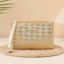 Cartera de embrague con patrón ondulado mini, monedero con cremallera de gran capacidad y minimalista - Dorado - Ver 8