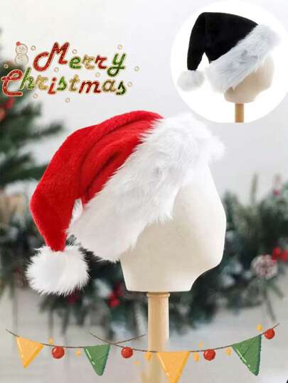 1pc Thick Plush Santa Claus Hat, Black & Red Fluffy Pompom Christmas & Halloween Party Hat