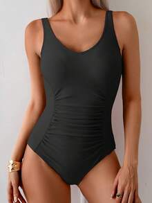 Traje de baño de una pieza con diseño fruncido y control de abdomen - Negro - Ver 5