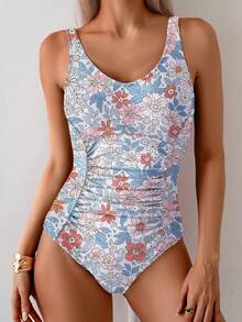 Tummy Control One Piece Swimsuit With Ruched Design - Orange Floral - View 8