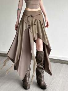 上衣 Dazzle 性感开叉不对称高腰修身半身裙 - 卡其色 - 查看 3