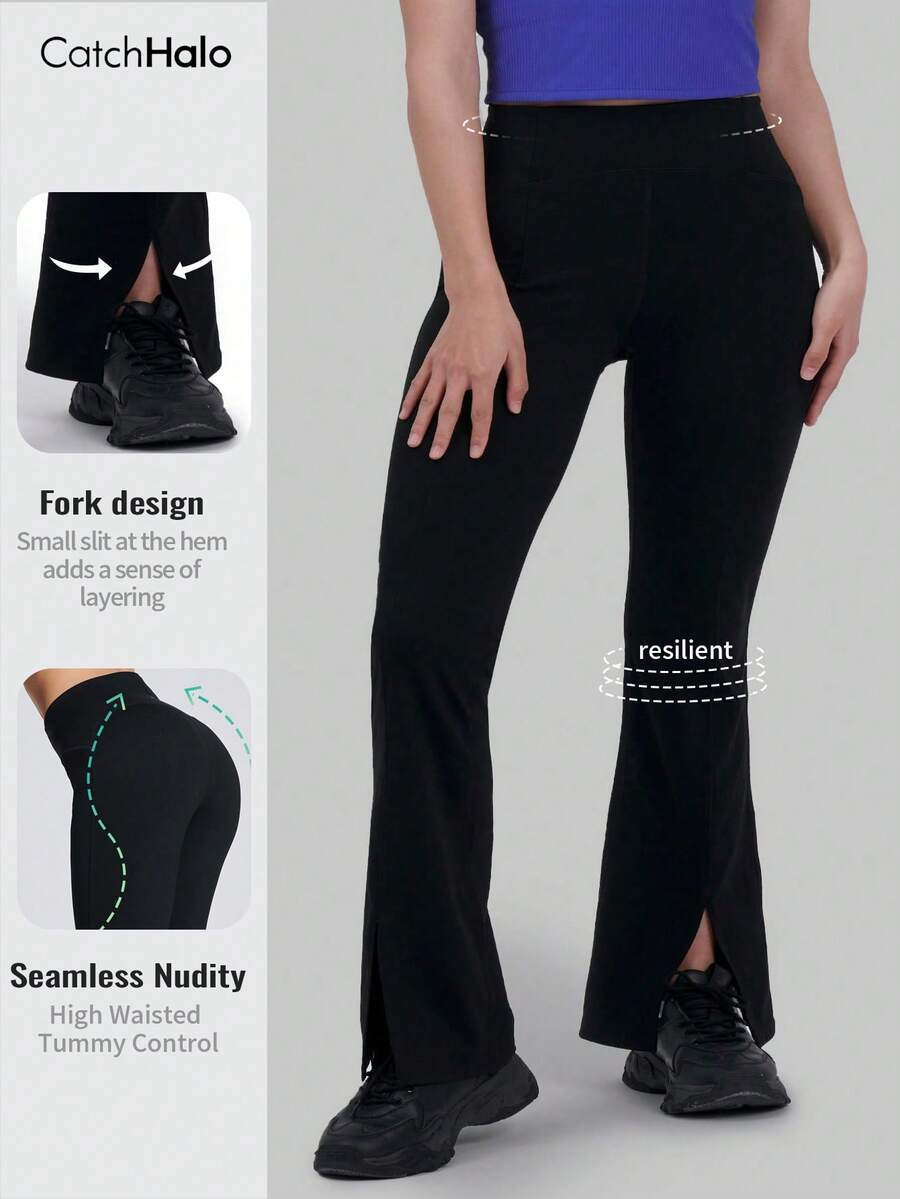 女式四向弹力无缝喇叭形瑜伽紧身裤 - 高腰收腹提臀瑜伽裤 | 修身深蹲透气吸汗面料运动裤，适合健身房、瑜伽、普拉提、跑步、骑行（黑色，XS~XL）