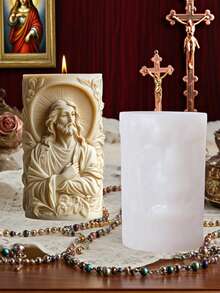 1pc Jesus Prayer Cylinder Silicone Mold (Relief Flower & Statue Design) For Candle/Epoxy Resin/Concrete Craft, Religious Decor & Christmas/Baptism Gift Making - White - View 5