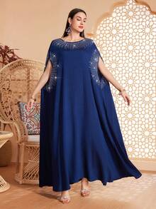 Abaya de Cor Sólida com Punho e Gola Redonda Bordada com Contas e Decorada com Strass, Adequada para Várias Ocasiões como Festivais, Reuniões, Uso Diário, Macia e Confortável para Férias na Primavera - Azul - Visão 4