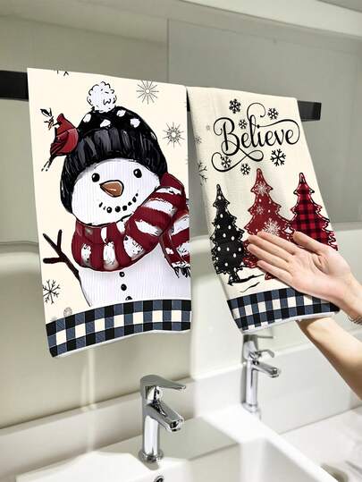 2条超柔软超细纤维圣诞主题手巾，格子图案，圣诞老人和雪人图案设计，可作洗碗布、厨房清洁抹布，适合圣诞厨房和浴室装饰、圣诞礼物或圣诞惊喜。