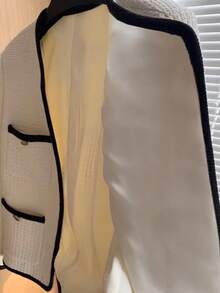 Women's Classic Regular Jacket, Tweed Fabric, Long Sleeve V-Neck Design, With Pockets And Black Trim Details, Non-Stretch