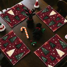 1set/4pcs/6pcs Christmas Retro Christmas Tree Pattern Placemats, Machine-Washable Rectangular Polyester Placemats, Table Protectors, Heat-Insulating Placemats, Restaurant Table Decorations, Party Supplies, Christmas Decorations, Can Be Given As Gifts
