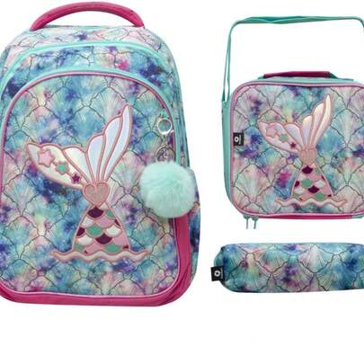 3 piezas Mochila  de  escolar con ronchera y lapicera SIRENA