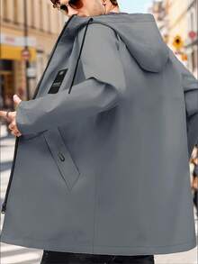 男士中长款抽绳连帽夹克，多口袋休闲工作服外套，纯色适合日常穿着，秋冬 - 灰色 - 查看 2