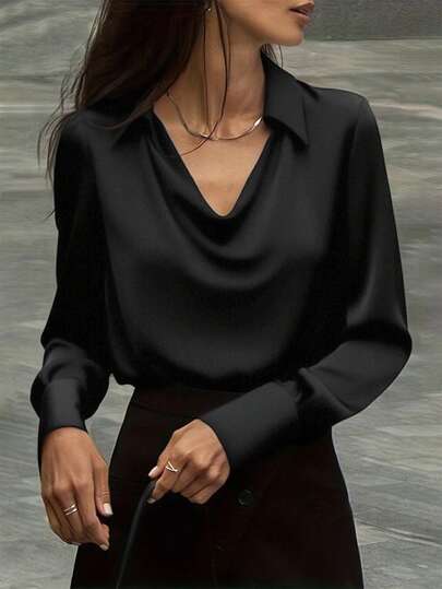 Classic White Button-Detail Regular Fit Cowl Neck Long Sleeve Shirt For Women,Fall Clothes ,Fall Dresses For Women ,Fall Outfits Women ,Autumn Clothes,Business Casual Woman ,Business Casual Outfits Women ,Business Casual , Vintage Clothes Women ,Vintage Clothes ,Business Casual Woman ,Office Outfits For Women ,Work Clothes Women