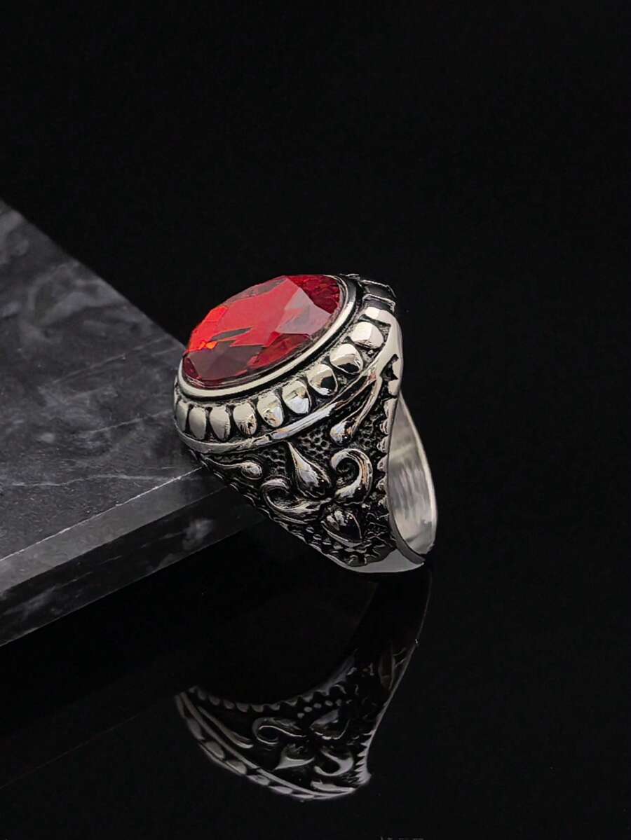 欧美流行手工高品质男士316不锈钢红宝石戒指 - 紅色 - 查看 1