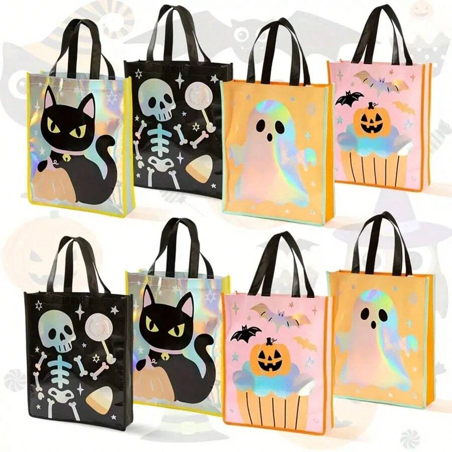 万圣节派对袋 - 带有南瓜、恐怖脸、猫、蝙蝠、糖果图案的无纺布礼品袋 - 黑色、橙色、粉色、黄色万圣节颜色 - 坚固的手柄，适合万圣节、派对礼品、装饰品 - 可重复使用的万圣节派对装饰、万圣节配饰、节日礼品袋、怪异插图、坚固的手柄、万圣节糖果袋、节日设计、轻质材料、糖果容器 - 彩色 - 查看 1