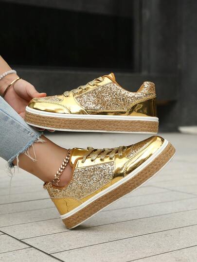 أحذية رياضية نسائية جديدة عصرية من مادة البولي يوريثان الذهبية، سميكة الأربطة، مقاومة للانزلاق وصلبة للاستخدام اليومي والرياضة الخارجية