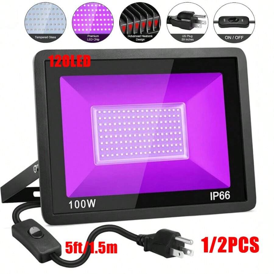 1/2 Pack 100W Black Light, LED Blacklight Flood Light With Plug And Switch, IP66 Waterproof, Black Lights For Glow Neon Party, Halloween, Birthday Party, Body Painting, Fluorescent Tapestry - US B Type Plug(110-127V) - View 1