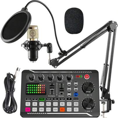 F998 现场声卡音频混音器、带 DJ 混音器效果的播客音频接口、带音效的语音转换器，适用于卡拉 OK 直播录制游戏