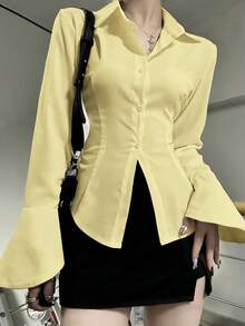 Elegant Women's Solid Color Shirt With Unique Back Tie And Front Button Details - Long Sleeve, Suitable For All Seasons - Yellow - View 2