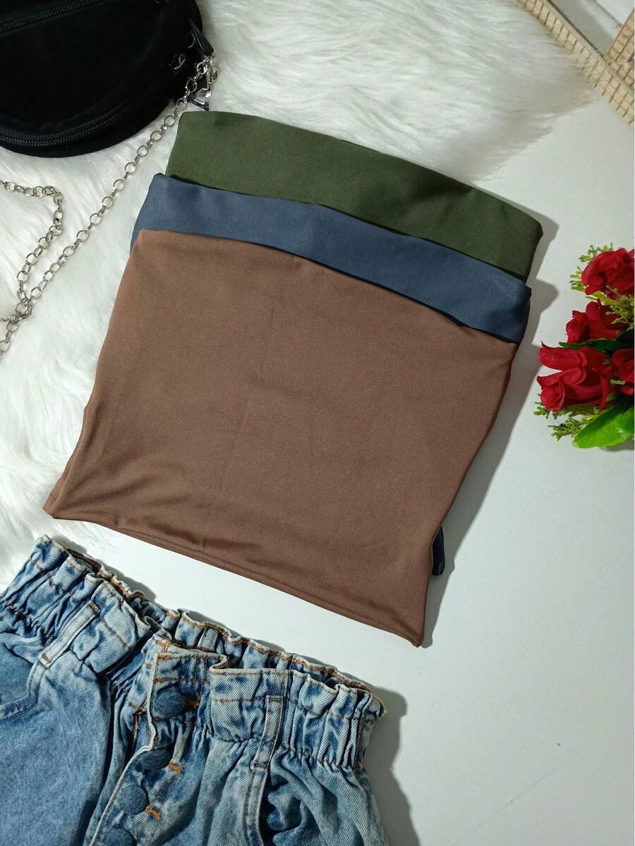Kit 3 Tube Top Women's Cropped Top Tube Strapless Lined With Double Layer Suplex Fitted Blogger - 灰色/綠色/棕色 - 查看 1