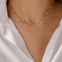 1pc Faux Pearl Necklace, Suitable For Daily Wear, Weddings, Events, Parties, Perfect As Gift For Friends - 金色 - 查看 5