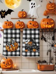 2 Pcs Halloween Vintage Pumpkin Ghost Bathroom Hand Towels Spider Web Bat Witch Hat Black Cat Farmhouse Dining Room Decor Kitchen Towels - Black - View 1