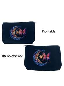 1 pièce Sac de maquillage avec motif papillon et lune, design imprimé double face, cadeau pour femmes, pochette de cosmétiques pour demoiselles d'honneur/enterrement de vie de jeune fille