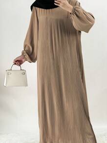 1pc Women's Plain Pleated Abaya Robe, Suitable For Spring, Summer, Autumn Daily Wear