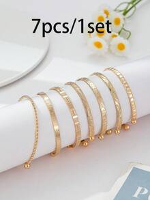 12/7/5pcs Set Textured Chunky Star Floral Pattern Twisted Geometric Round Disc & Bead Multi-Layer Wavy Metal Chunky Bangle Bracelet Set, Fashion Elegant Vintage Design, Suitable For Holiday, Party, Date, Gift, Daily Wear - Yellow Gold - View 3