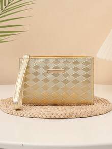 Cartera de embrague con patrón ondulado mini, monedero con cremallera de gran capacidad y minimalista - Dorado - Ver 9