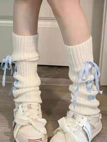 1 par de meias femininas de malha canelada com laço fofo, meias estilo bota formal, meias longas para festa - Multicolorido - Ver 10