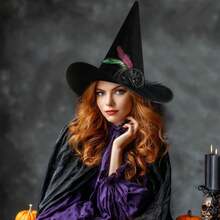 Hatisan 1Pc Witch Hat, Halloween Elegant Hat With Rose & Feathers, Vintage Style Party Headwear, Cosplay Accessories For Halloween Costume Party - 黑色 - 查看 4