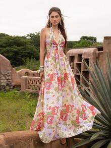 Faeriesty BohoBloom Women's Bohemian Style Backless Spaghetti Strap Maxi Dress, Adjustable Tie-Back, A-Line Silhouette - Ideal For Beach Vacation, Casual City Outings, Park Strolls, Hangouts With Friends, And Music Festivals. - Pink - View 1
