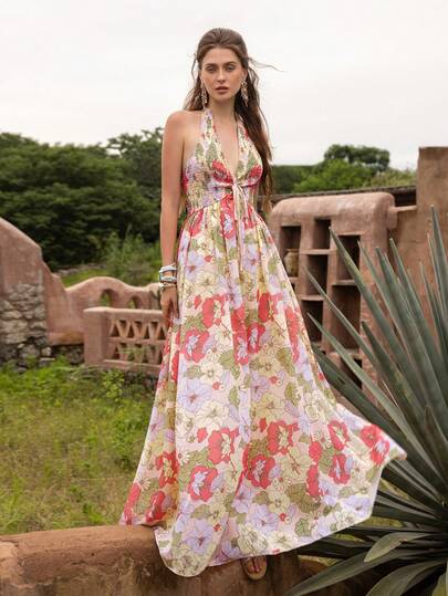 Faeriesty BohoBloom Women's Bohemian Style Backless Spaghetti Strap Maxi Dress, Adjustable Tie-Back, A-Line Silhouette - Ideal For Beach Vacation, Casual City Outings, Park Strolls, Hangouts With Friends, And Music Festivals.