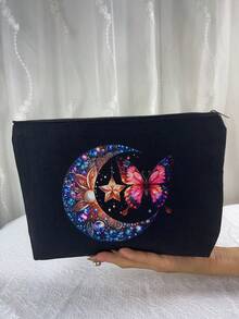 1 pièce Sac de maquillage avec motif papillon et lune, design imprimé double face, cadeau pour femmes, pochette de cosmétiques pour demoiselles d'honneur/enterrement de vie de jeune fille