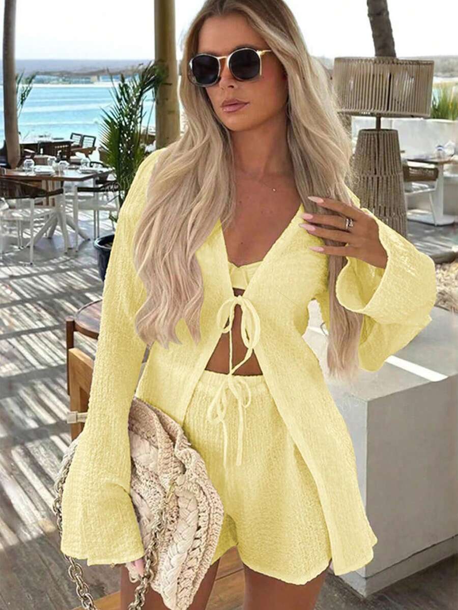 Women's Solid Color Minimalist Casual Vacation 2 Pieces Set, Elegant Knotted Design Suitable For Beach, Evening Date, Office, Home, Garden, Street, Spring/Summer, Valentine's Day - Yellow - View 1