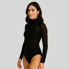 Women's Transparent Tulle Bodysuit – Long Sleeve, Mid-Length, Night Club Look - Rỉ Nâu - Xem 5